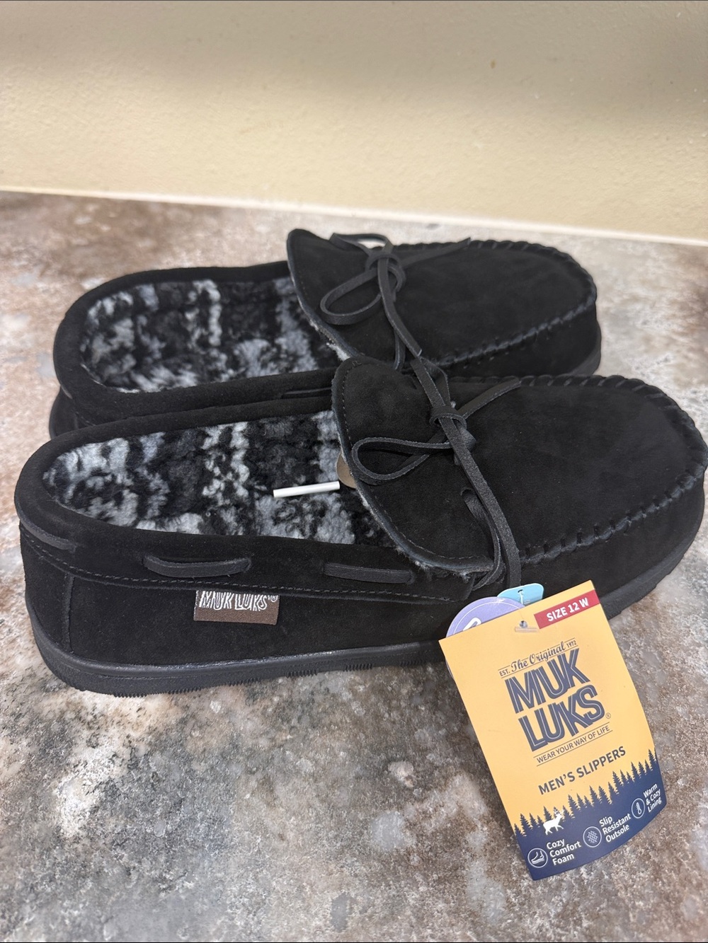 MUK LUKS Men's Moccasin Slippers Black US 12 wide